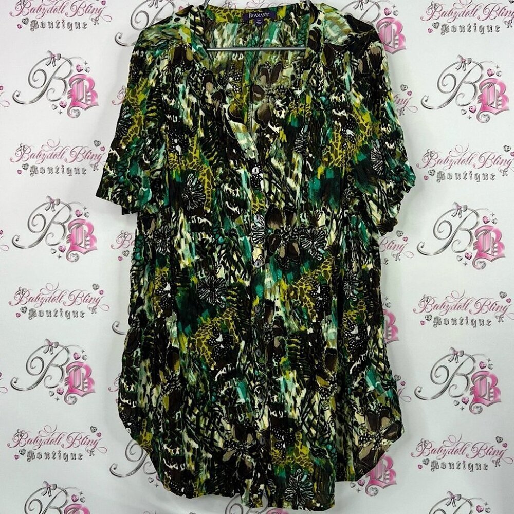 Roaman's button down shirt mini dress Green and Brown Patterned Blouse